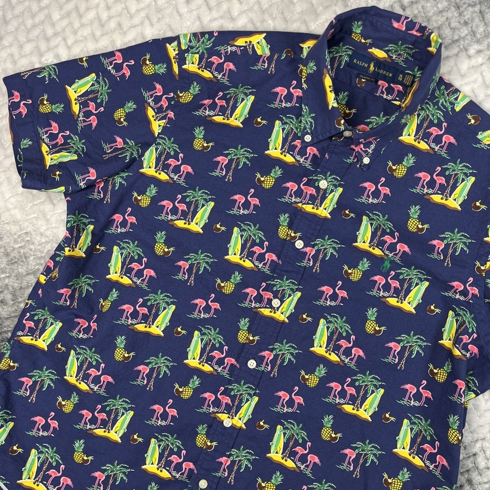 Ralph Lauren Hawaiian Shirt Mens XL Blue Classic‎ Fit Flamingo Pineapple Beach